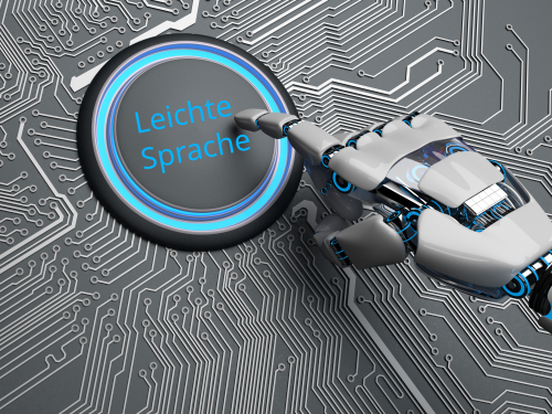 Roboterhand, die auf einen beleuchteten Schalter auf einem digitalen Bauteil dr&uuml;ckt, der mit Leichte Sprache beschriftet ist (KI-generiert).