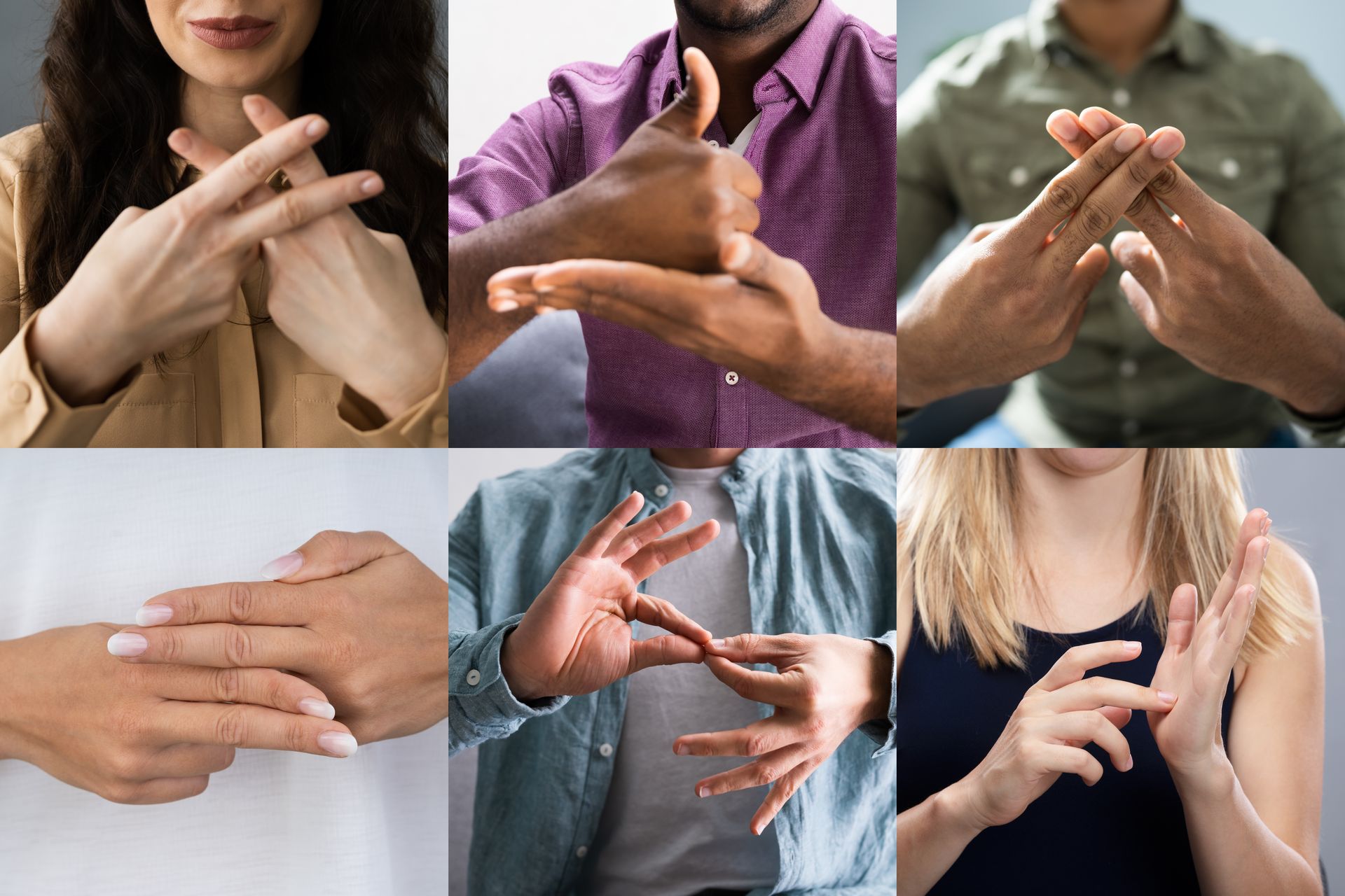 Eine Fotokollage zeigt 6 verschiedene Ausschnitte der Hände von Personen, die gebärden.