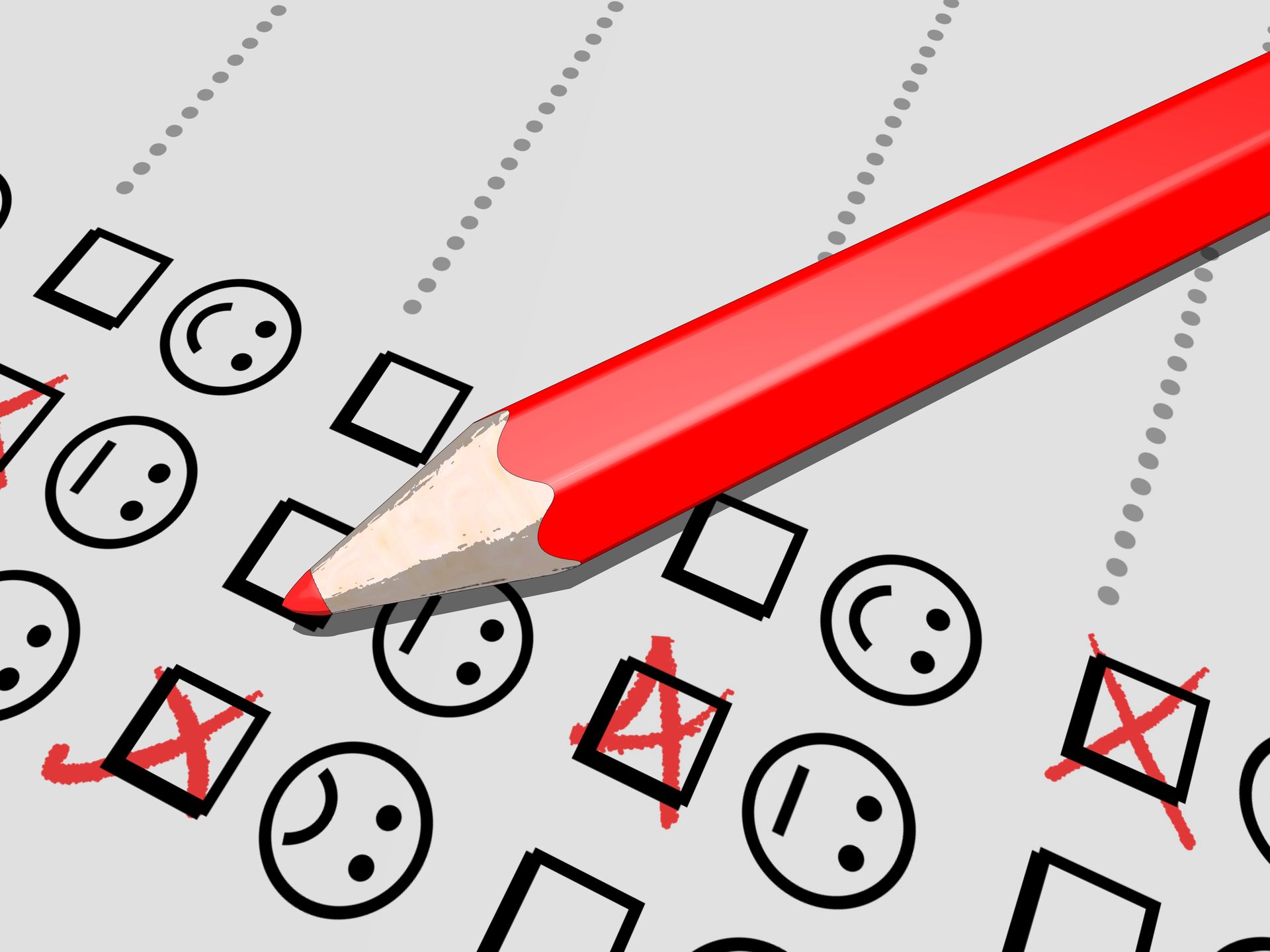 Grafik von einem Ausschnitt eines Bewertungsbogen zum Ankreuzen mit positiven, neutralen und negativen Smileys.  Ein roter Buntstift kreuzt die zugehörigen Kästchen an.