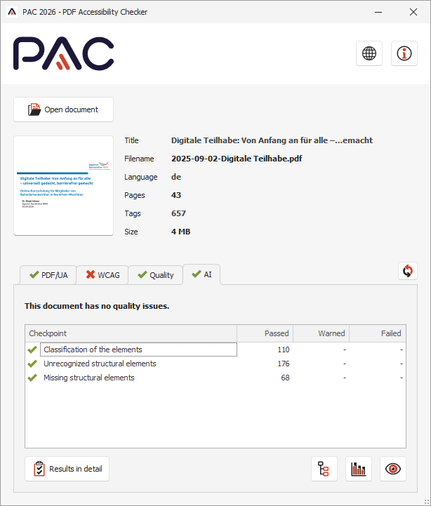 Screenshot des Testergebnisses von PAC 2026 für ein PDF/UA-konformes Beispieldokument bei dem keine Barrieren durch KI gefunden wurden.