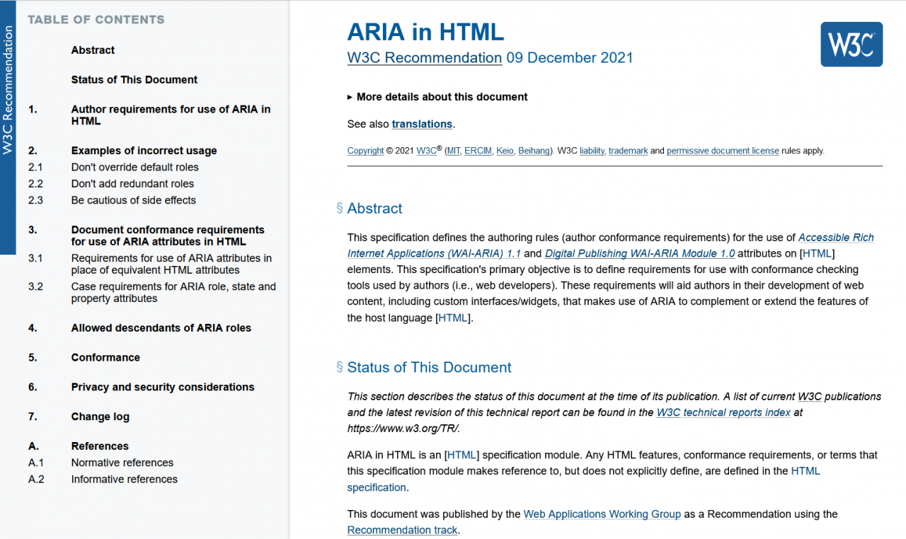 Screenshot der Richtlinie ARIA in HTML