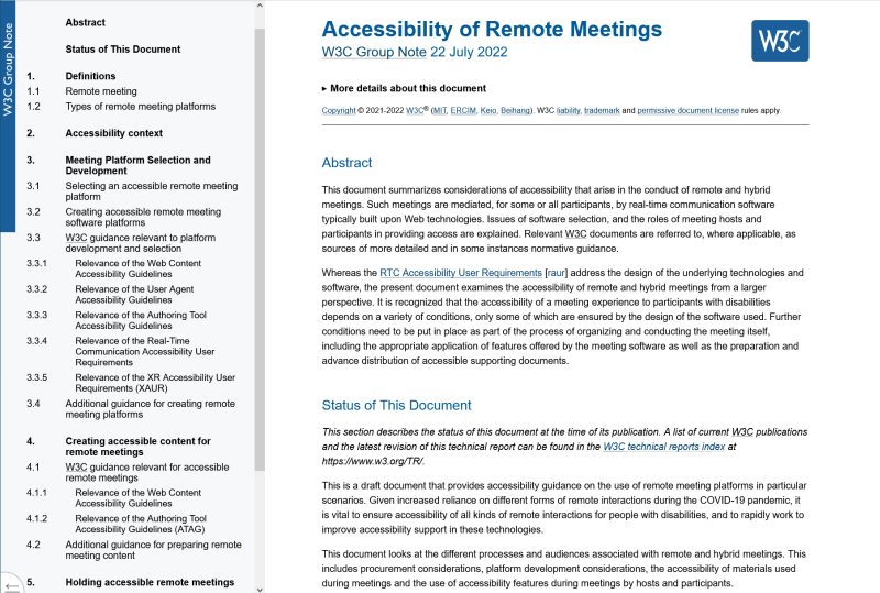Screenshot des W3C-Dokuments zur Barrierefreiheit von Remote Meetings.