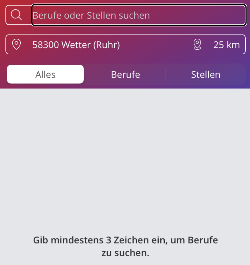 Bildschirmausschnitt der Suche in der App Azubiwelt
