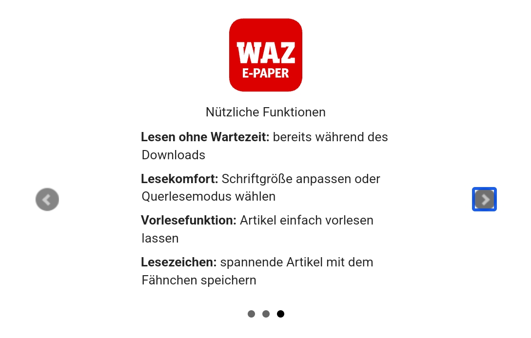 Bildschirmausschnitt der Wilkommens-Ansicht der App WAZ-E-Paper