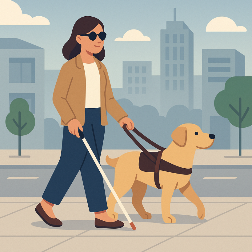 Zeichnung einer blinden Frau mit Blindenführhund mit braunem, unbeschrifteten Führgeschirr und Blindenstock in der anderen Hand auf dem Bürgersteig mit einer Stadt im Hintergrund.