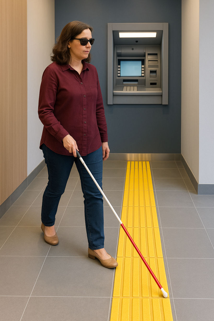 Foto einer blinden Frau die mit Blindenstock auf die Kamera zuläuft, im Hintergrund ein in die Wand eingelassener Geldautomat mit gelbem Leitstreifen auf grauem Fliesenboden.