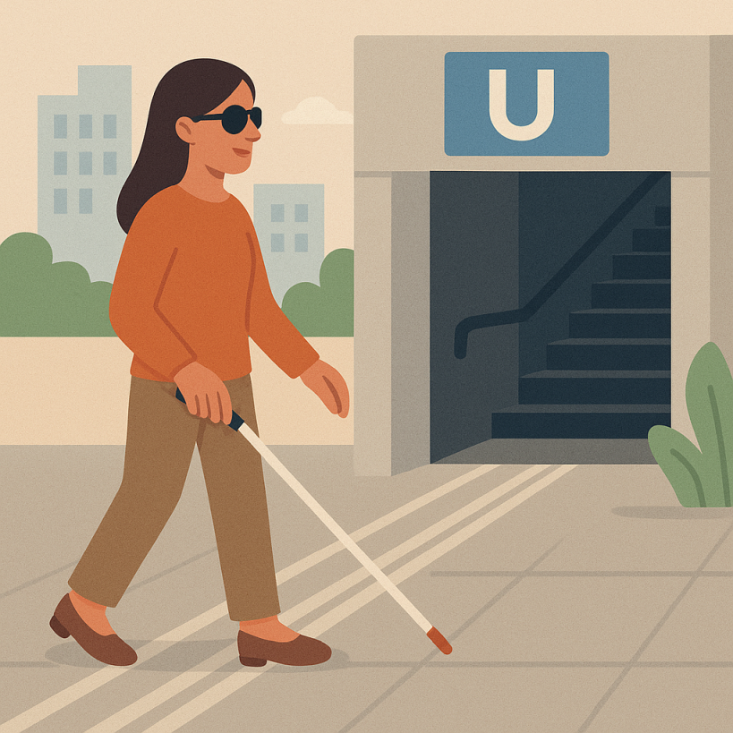 Zeichnung einer blinden Frau mit Blindenstock vor einem Zugang zur U-Bahn mit herrauffühender Treppe und einem durch drei Linien angedeuteten Leitstreifen, der quer über den Bürgersteig auf die U-Bahnstation zuführt..