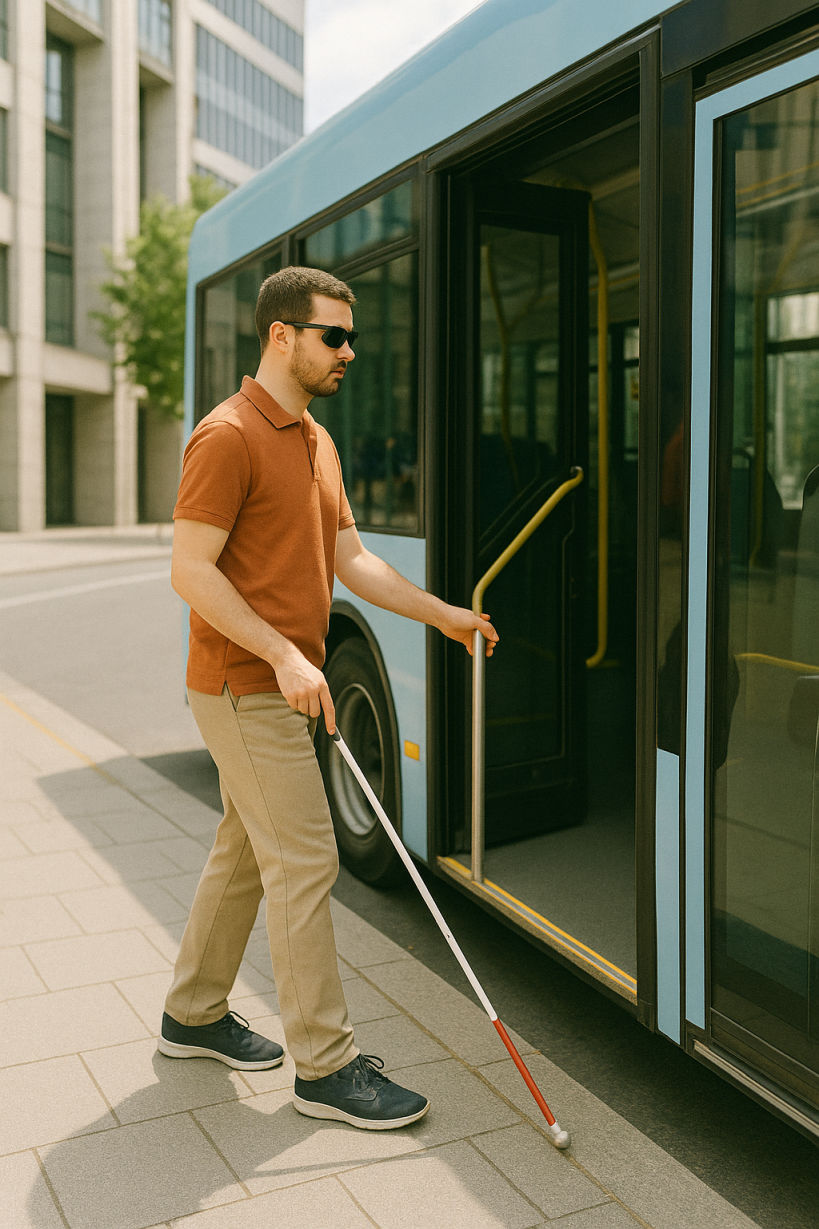 Foto eines blinden Mannes, der gerade in einen Bus mit halb geöffneter Tür einsteigt, in einer Hand einen Blindenlangstock auf dem Bürgersteig ohne Leitsysteme, die andere Hand an einer Stange, die vom Boden des Busses an die geöffnete Tür führt, und diese so baulich in geöffneter Stellung fixiert.