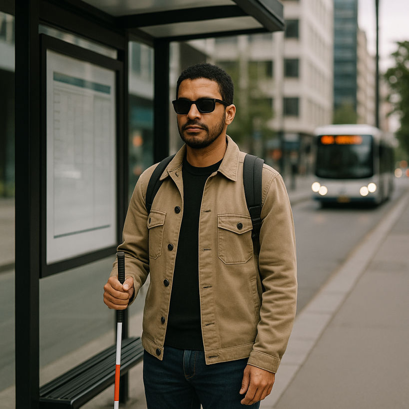 Foto einer blinden Person, die mit dem Rücken zum heranfahrenden Busses an der Haltestelle steht, die zum Bürgersteig hin geöffnet und zur Straße hin geschlossen ist.