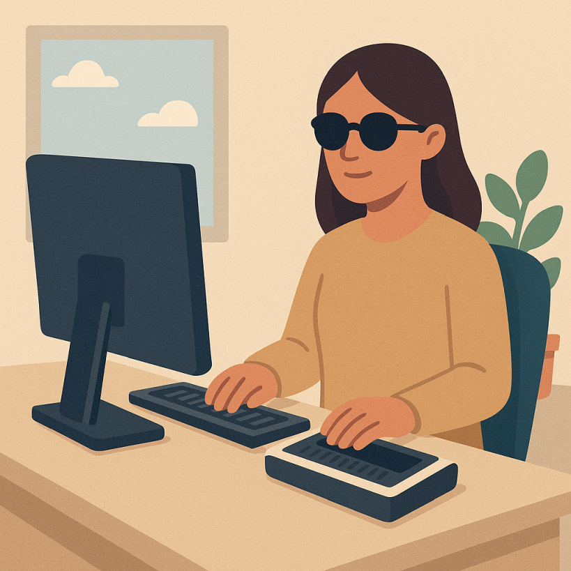 Zeichnung einer blinden Frau am Computerarbeitsplatz, eine Hand auf der Tastatur und eine Hand auf der daneben stehenden Brailletastatur.