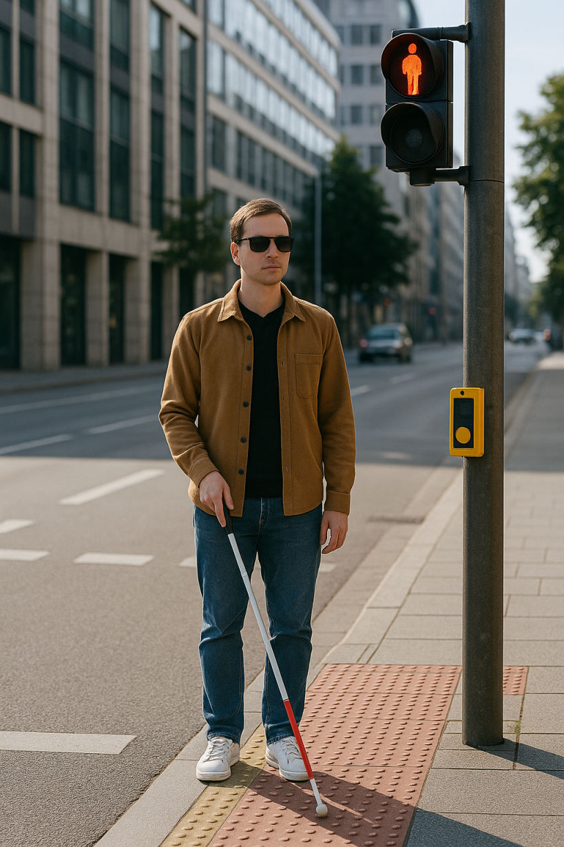 Foto eines blinden Mannes mit Blindenlangstock, der zwischen Ampel und Strasse mit einem Fuß auf der Fahrbahn auf einem rot gepflasterten Aufmerksamkeitsfeld steht, mit dem Rücken zur Straße, die Fußgängerampel mit zwei Lampen zeigt um 90 Grad verdreht in Richtung der Autos rot.