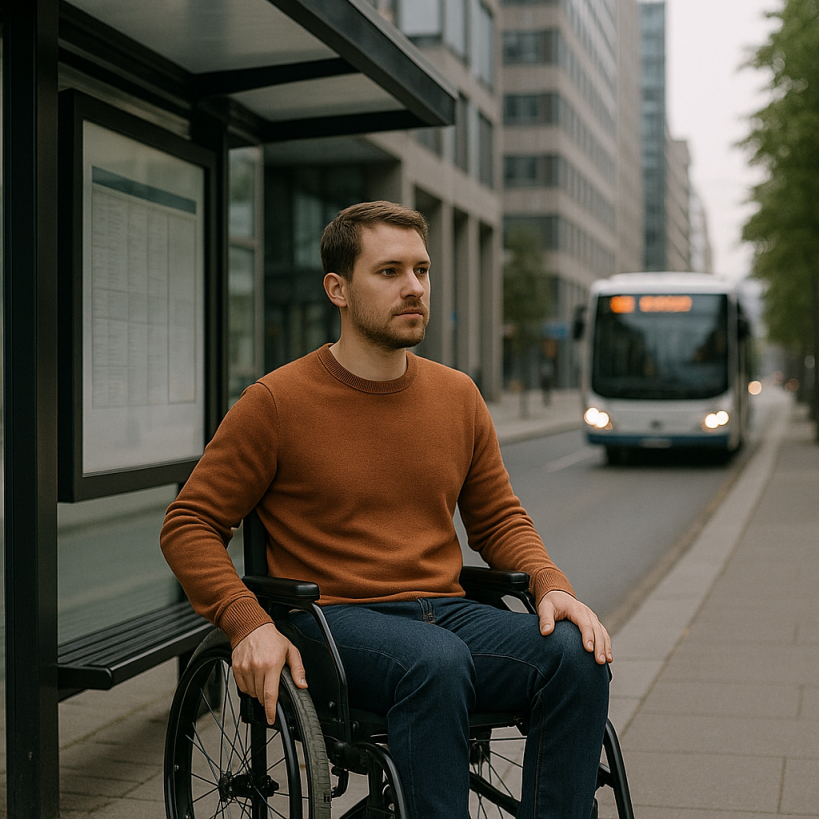 Foto eines Mannes im Rollstuhl an einer Bushaltestelle in der Stadt, die mit der gecshlossenen Glasseite zur Fahrbahn zeigt. Der Mann ist vom heranfahrenden Bus abgewendet.