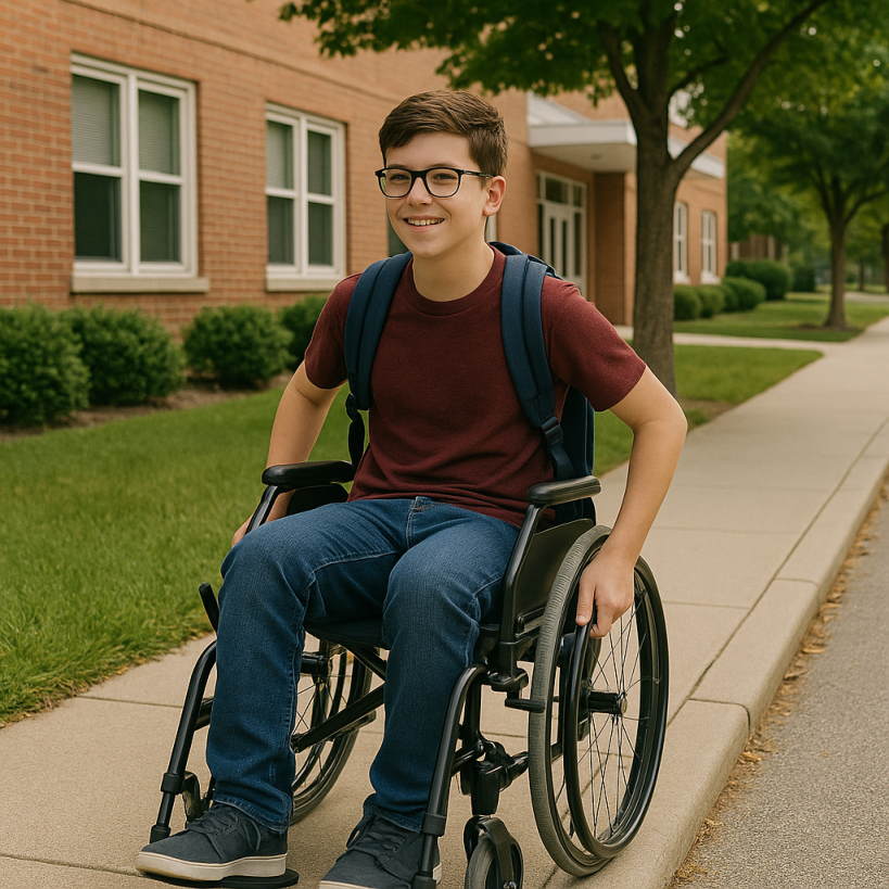 Foto eines Jugendlichen im Rollstuhl, auf einem schmalen Bürgersteig, von vorne aufgenommen, mit einem Rucksack auf dem Rücken vor einem Gebäude.