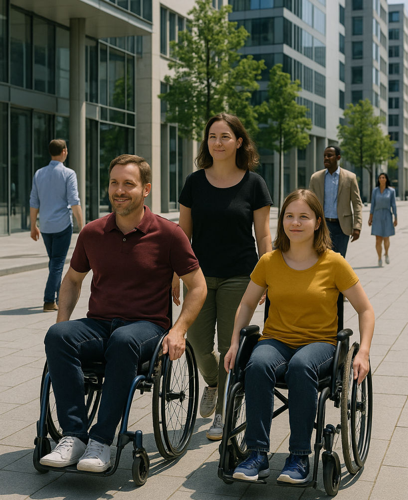 Foto einer Gruppe von drei Personen, im Vordergrund ein Mann und eine Frau im Rollstuhl, dahinter eine stehende Frau auf einem Fussweg vor einer Reihe hoher Häuser.