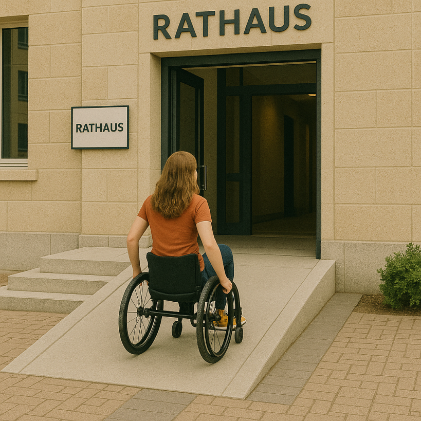 Seitliche Sicht auf den Eingang eines Rathauses, mit einer seitlichen schmalen Treppe und driekt daran anschließenden Rampe, die im Vordergrund bis direkt an die offenstehende Tür reicht und eine Rollstuhlfahrerin auf der Schräge der Rampe.