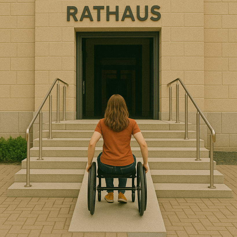 Sicht auf den Eingang eines Rathauses, mit einer Treppe und bis zur Mitte der Treppe Rampe reichende Rampe mittig davor, auf der sich eine Rollstuhlfahrerin befindet, die auf dem Weg ins Rathaus ist.