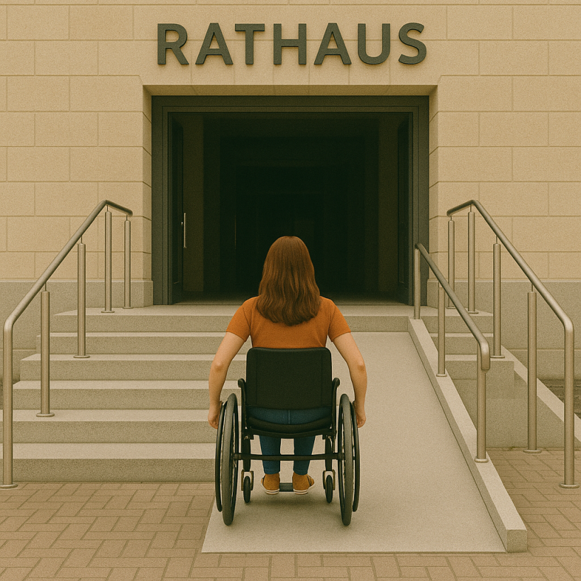 Sicht auf den Eingang eines Rathauses, mit einer Treppe und bis zur vorletzten Stufe der Treppe Rampe reichende Rampe mittig davor, auf der sich eine Rollstuhlfahrerin befindet, die auf dem Weg in das offenstehende Rathaus ist.