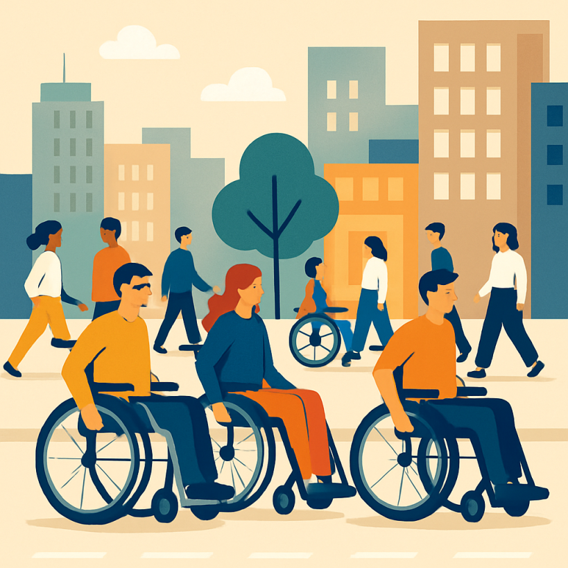 Bild im Comicstil, das eine Gruppe von drei Rollstuhlfahrern im Vordergrund zeigt vor der Kulisse einer Stadt und weiterer Personen im Hintergrund.