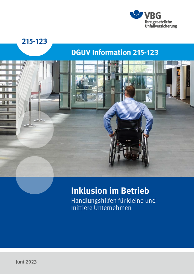 Titelseite der DGUV Information 215-123 Inklusion im Betrieb mit VBG-Logo auf dem Deckblatt von Juni 2023