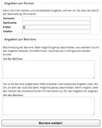 Screenshot eines Meldeformulars mit freiwilligen Angaben zur Person und zu Art und Ort der Barriere, mit einer Barriere melden-Schaltfläche.