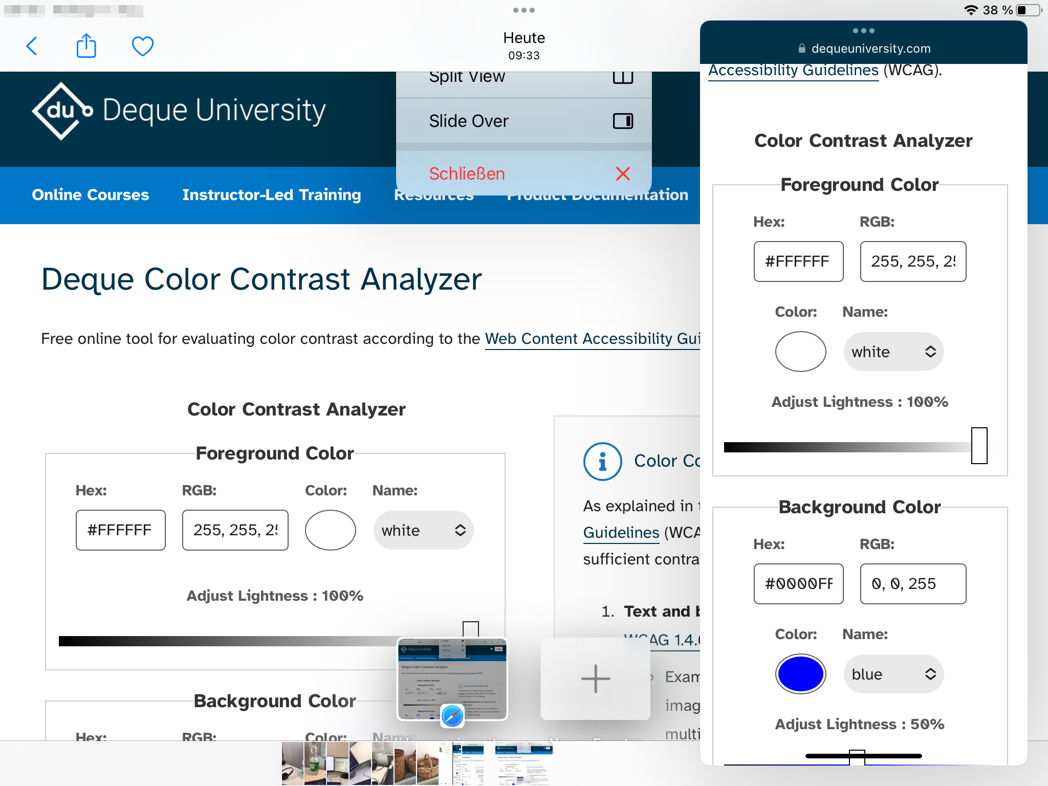 Bildschirmausschnitt vom iPad. An der rechten Seite ist der Color Contrast Analyser im Safari Browser geöffnet.