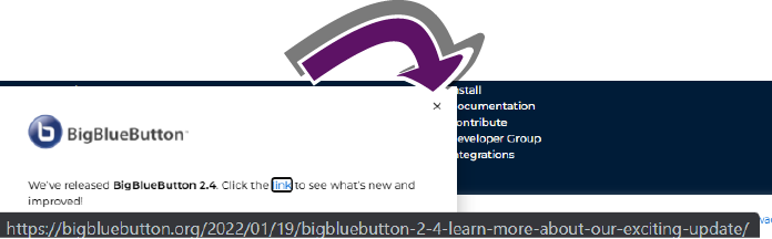 Bildschirmausschnitt des Pop-up-Fensters auf der BigBlueButton-Startseite