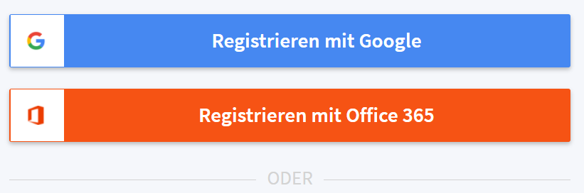 Bildschirmausschnitt der Registrierungs-Seite mit weiteren Schaltflächen zur Registrierung über Google oder Office 365
