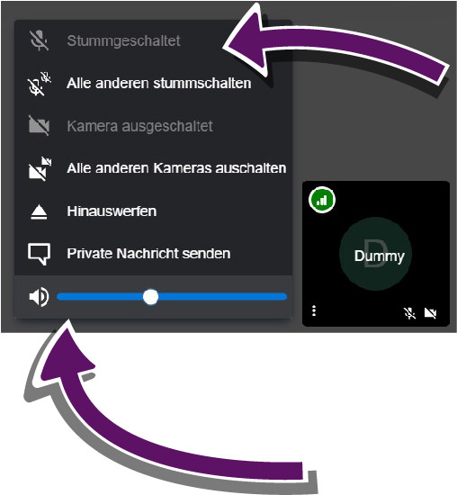 Screenshot von der Web-Anwendung, der zeigt, dass unterhalb der Einstellung eines Teilnehmenden die Lautstärke mit einem Balken regulierbar ist.