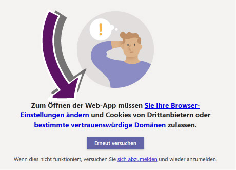 Screenshot einer Warnung im Web-Browser, die dazu auffordert, Drittanbieter-Cookies zuzulassen