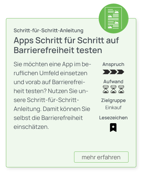Die gleiche Toolbox-Karte Apps Schrittt für Schritt auf Barrierefreiheit testen mit schwarz ausgefülltem Lesezeichen Icon.