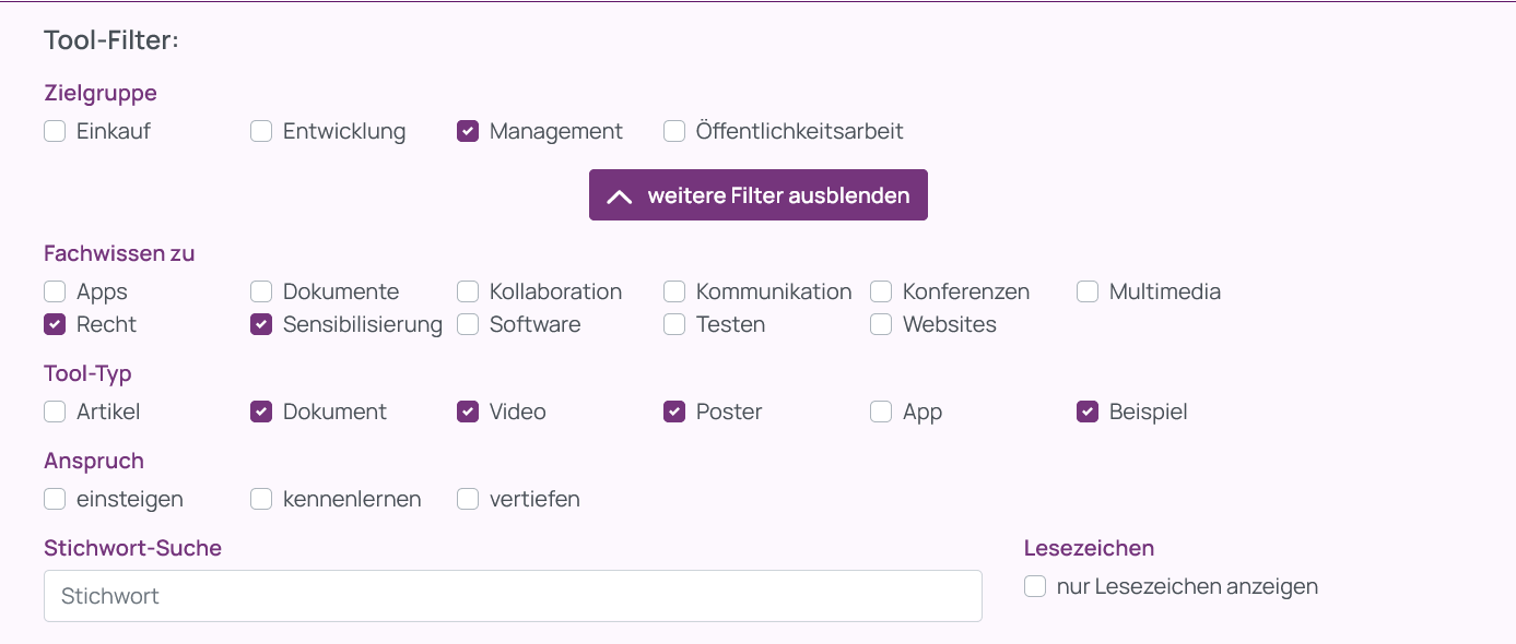 Screenshot der weiteren Tool-Filter Fachwissen zu und Tool-Typ. Neben Recht und Sensibilisierung wurden die Tool-Typen Dokument, Video, Poster und Beispiel ausgewählt.