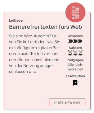 Die gleiche Toolbox-Karte Barrierefrei texten fürs Web mit schwarz ausgefülltem Lesezeichen Icon.