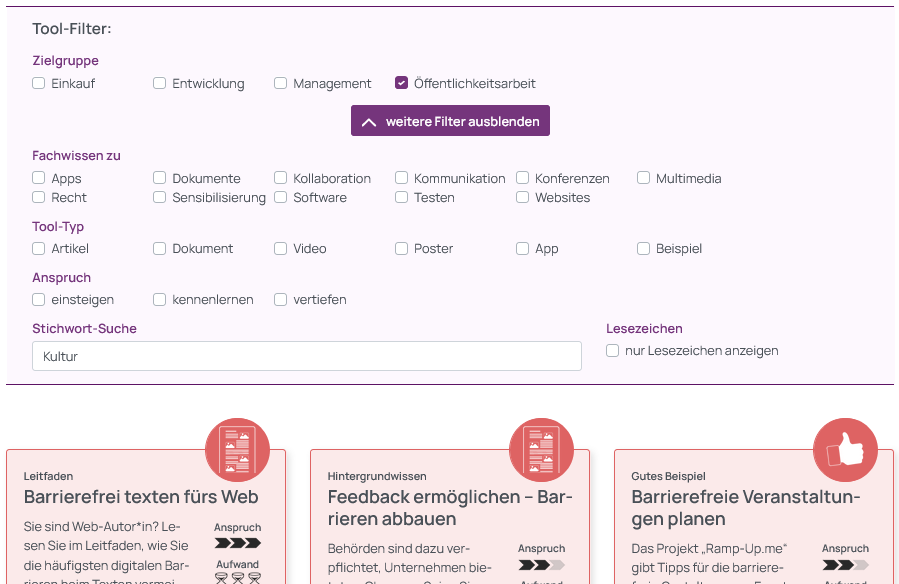 Screenshot der gewählten Tool-Filter, Zielgruppe Öffentlichkeitsarbeit sowie die Stichwort-Suche nach Kultur. Darunter ein Ausschnitt der Auswahl entsprechender Tools im Kachelformat.