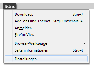 Browser-Menü, geöffneter Punkt Extras