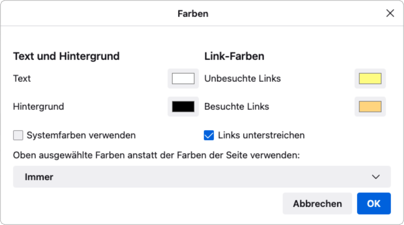 Einstelldialog für benutzerdefinierte Farben im Firefoy-Browser