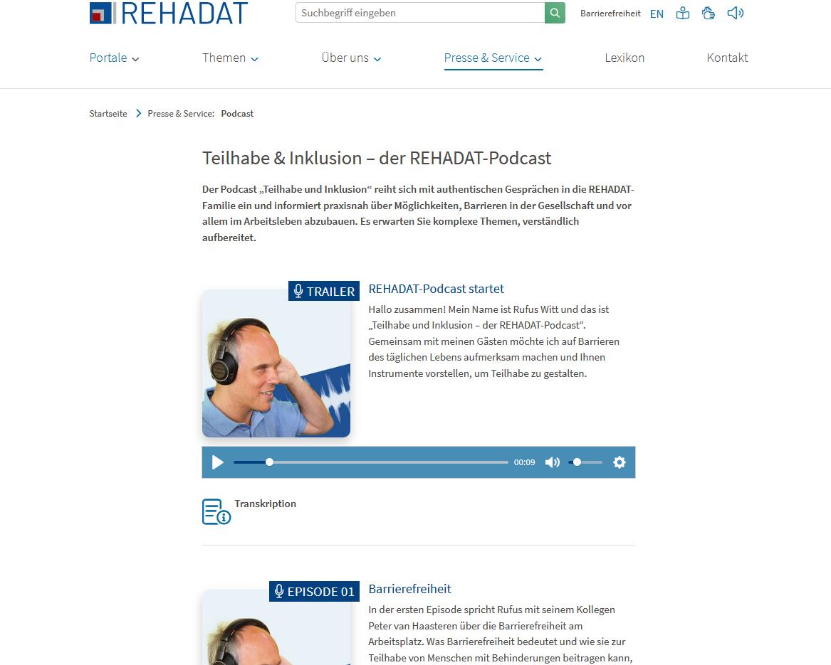 Screenshot der Rehadat-Webseite mit den einzelnen Episoden des Podcasts Teilhabe & Inklusion.