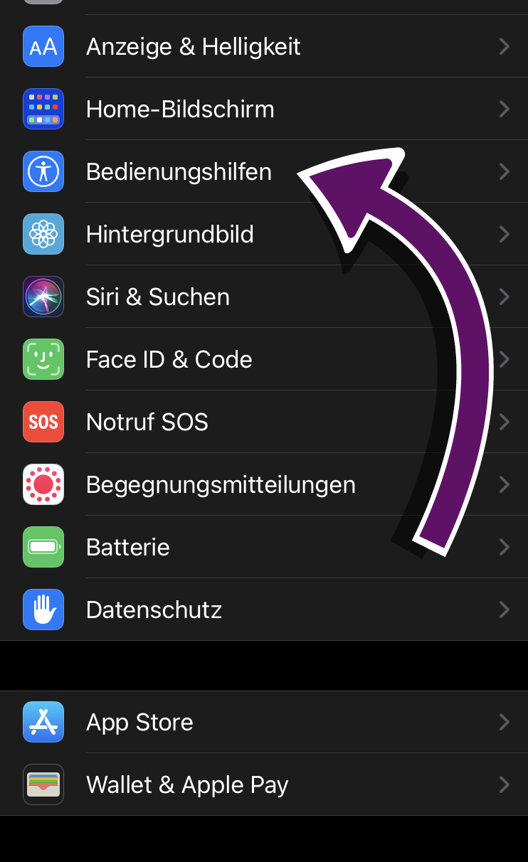 Bildschirmausschnitt der iOS-Einstellungen.