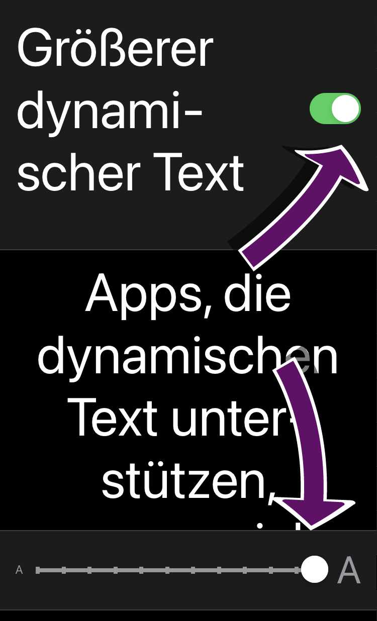 Bildschirmausschnitt der iOS-Bedienungshilfen zur Vergrößerung von Text.