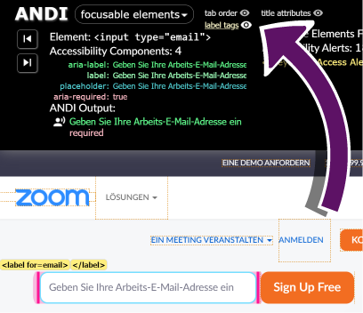 Bildschirmausschnitt der Zoom-Startseite mit aktivem ANDI-Fenster am oberen Rand.