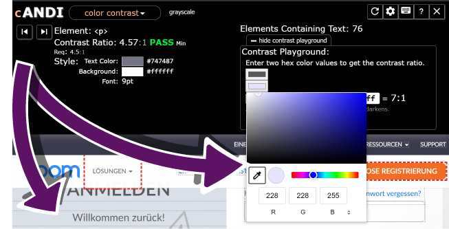 Bildschirmausschnitt des ANDI-Bookmarklets im Kontrast-Modul bei aktivierter Farbauswahl durch Betätigung der Schaltfläche show contrast playground