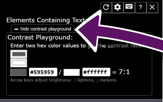 Bildschirmausschnitt des ANDI-Bookmarklets im Kontrast-Modul durch Betätigung der Schaltfläche how contrast playground erscheint Farbauswahlwerkzeuge