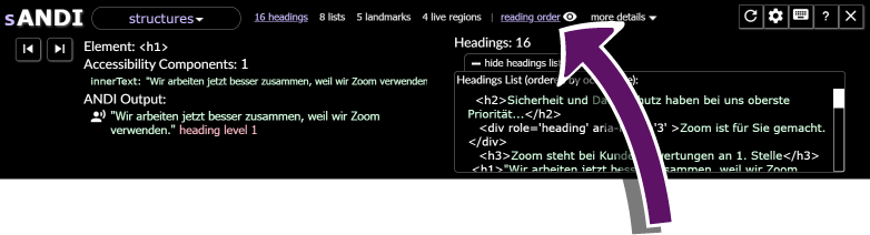 Screenshot des ANDI-Bookmarklets mit ausgewähltem Struktur-Modul. Ein Pfeil zeigt auf den Link reading order.
