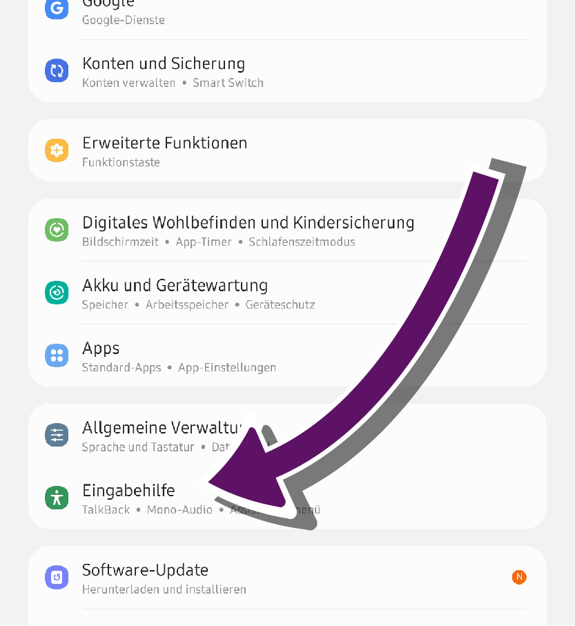 Bildschirmausschnitt der Übersichtsseite zu den Android-Eingabehilfen