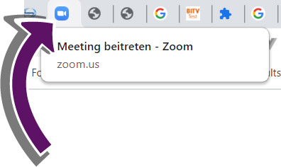 Screenshot der Browser-Tabs in Chrome. Der Seitentitel der Zoom-Seite zum Beitritt zu einem Meeting wird angezeigt.