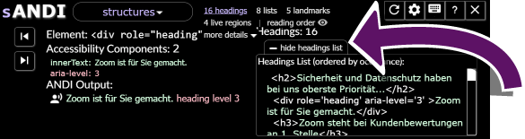 Screenshot des ANDI-Bookmarklets mit ausgewähltem Struktur-Modul. Ein Pfeil markiert die Schaltfläche show headings list