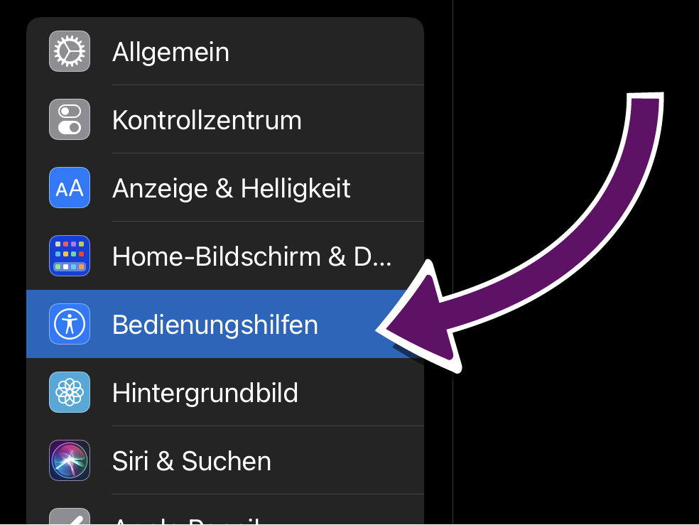 Bildschirmausschnitt der iOS-Einstellungen. Der Punkt Bedienungshilfen ist hervorgehoben.