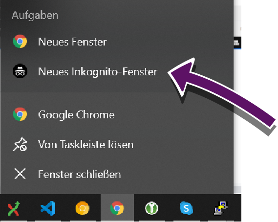 Bildschirmausschnitt der Windows-Taskleiste mit offenem Kontextmenü für den Chrome-Browser